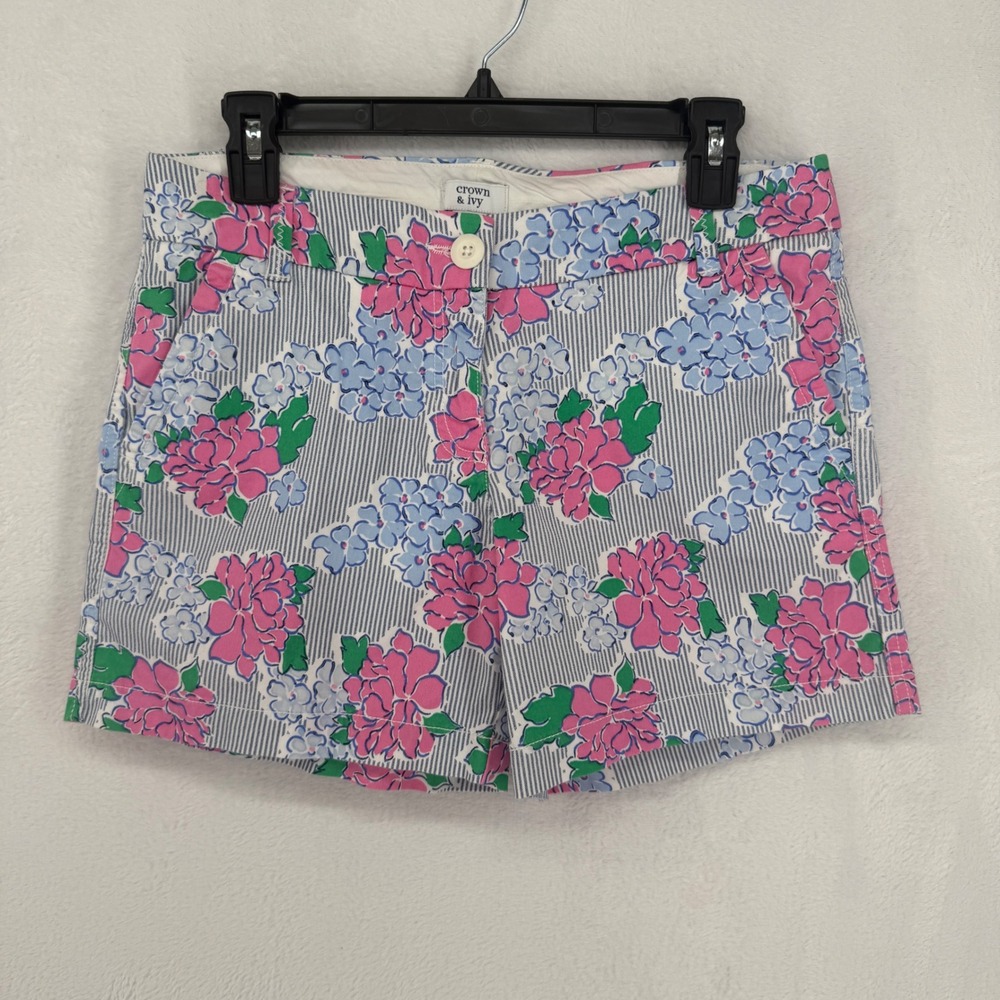 Crown &‎ Ivy Caroline Floral Stripe Shorts Womens 2 Blue Pink Excellent Preppy